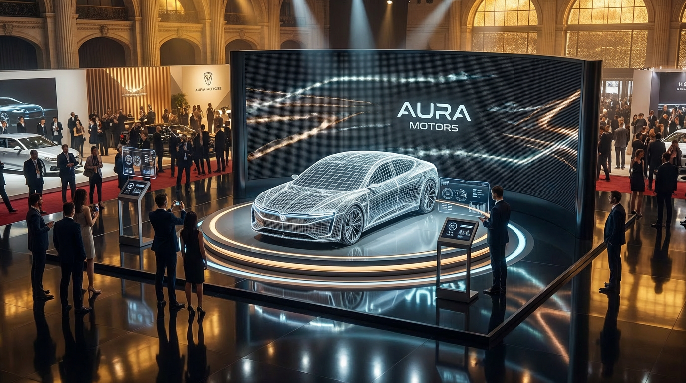 Corporate booth in professional convention center after AI transformation